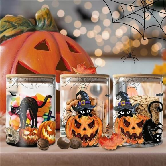 Halloween Decor, Halloween Canisters Sets of 3, Halloween Black Cat Pumpkin - Picture 2 of 7